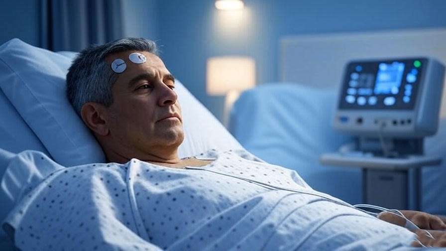 Veteran undergoing sleep study with polysomnography equipment in a clinic for VA claim.