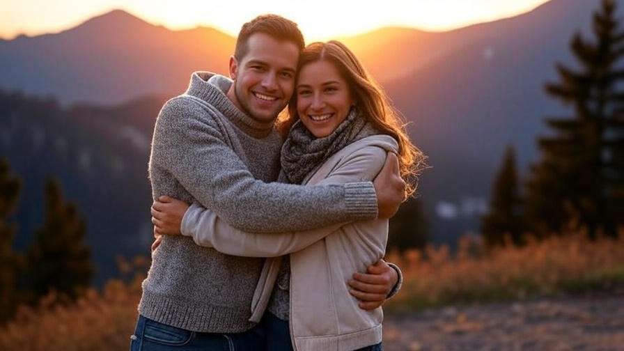 Couple hugging after a couples meditation retreat with mountain backdrop.