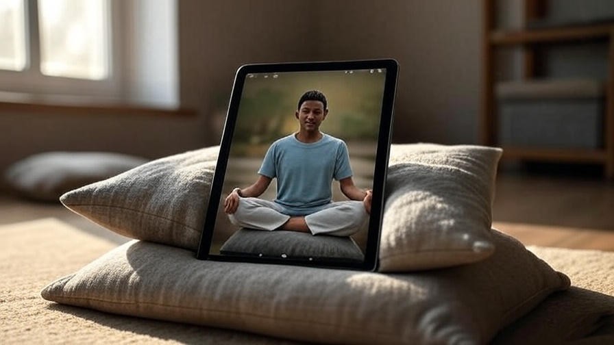 Tranquil meditation app on tablet with cozy cushion in natural light