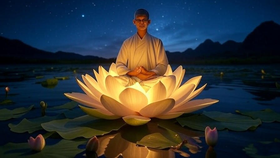 Person meditating on a lotus in a dreamscape for spiritual growth and mindfulness