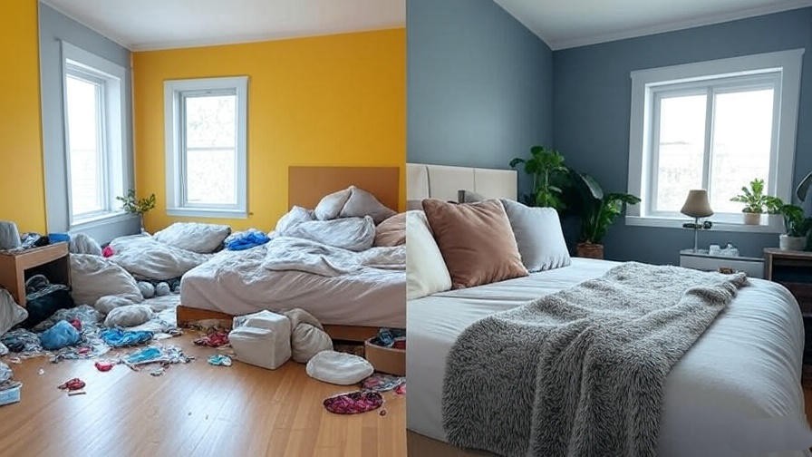 Before-and-after bedroom with Sherwin Williams Meditative transformation.