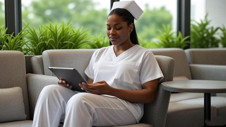 Nurse using meditation app on tablet in a hospital break room.