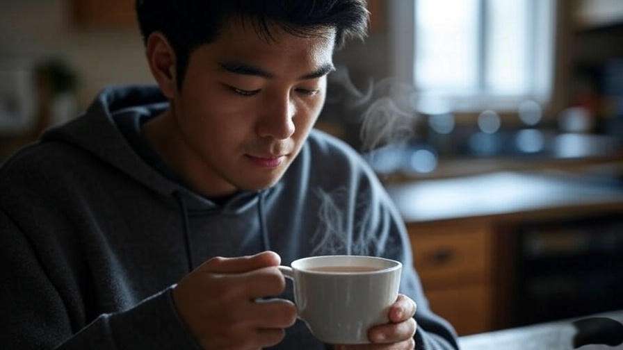 Person practicing mindfulness with a cup of tea in a cozy kitchen setting