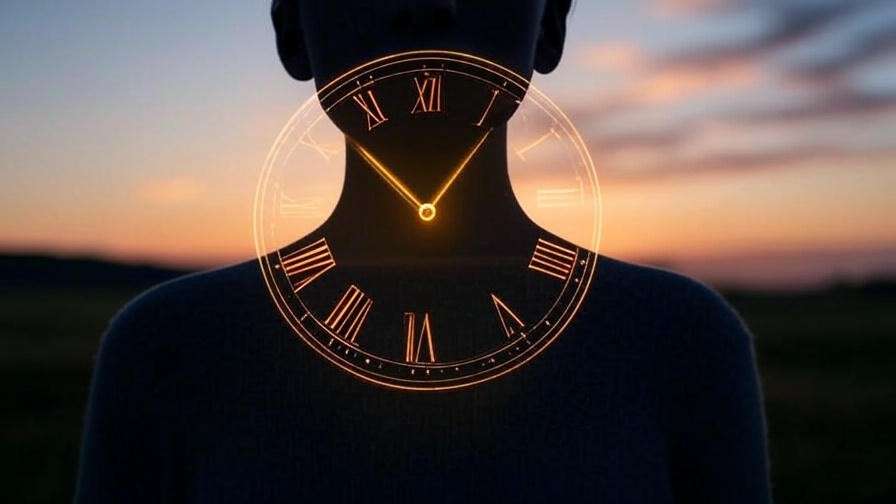 Illustration of circadian rhythm with a silhouette and sunrise clock for early morning energy.