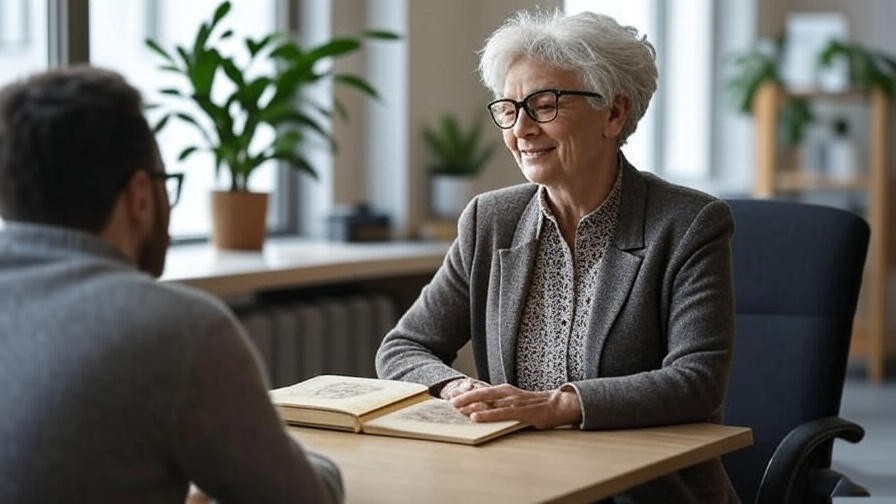 Therapist and client discussing dreams with a journal in a cozy office setting.