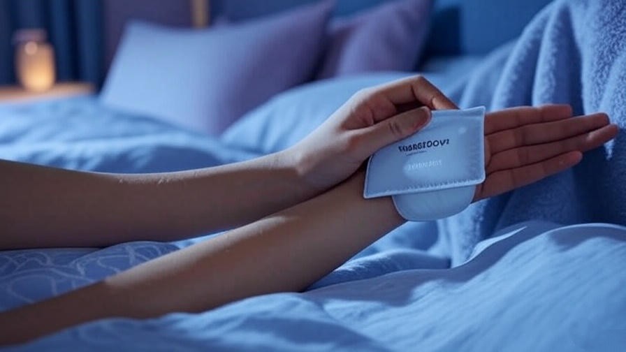 Close-up of Wellamoon Sleep Patch applied to forearm in cozy bedroom with lavender accents