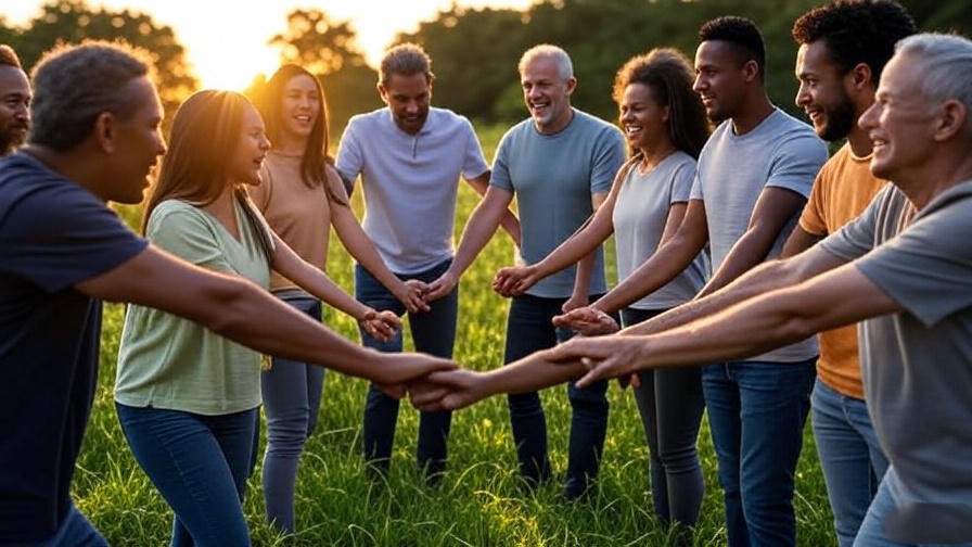 Diverse group holding hands in nature at sunset symbolizing dream community