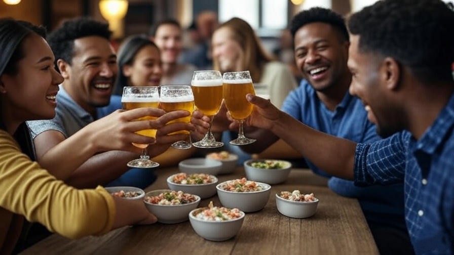 Friends toasting with craft beers and shared dishes at Yardhouse happy hour