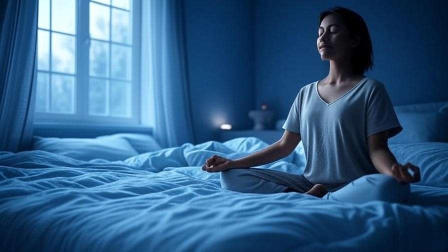 Person meditating on bed with moonlight, showcasing sleep benefits of Shri Mataji Nirmala Devi meditation.
