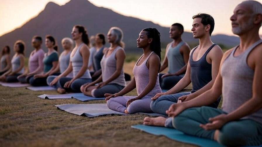 Group practicing yoga and meditation at sunset with mountain backdrop