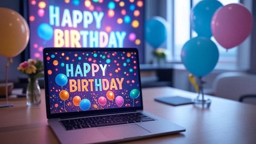 Virtual celebration with laptop showing vibrant happy birthday sign and colorful balloons. 