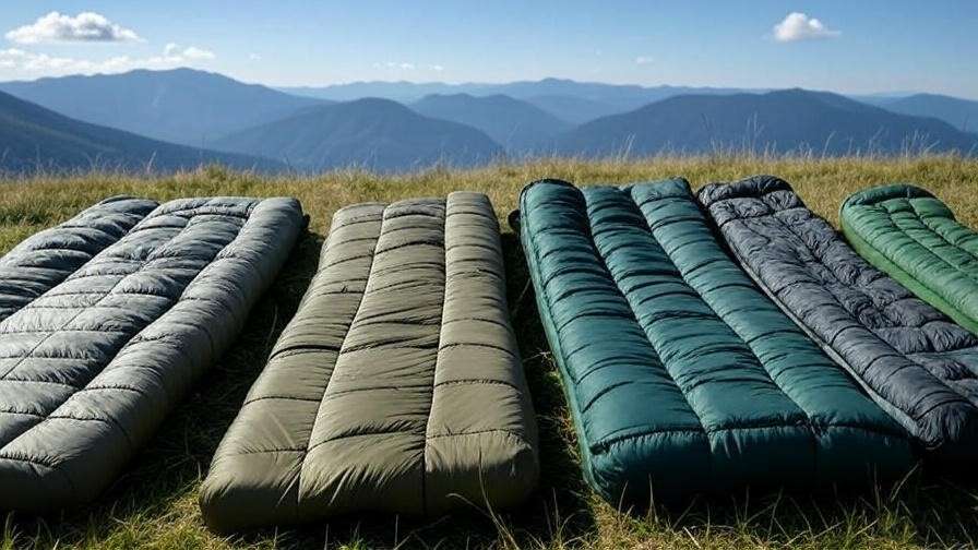Top military sleeping bag models displayed on grassy hill with mountain backdrop.