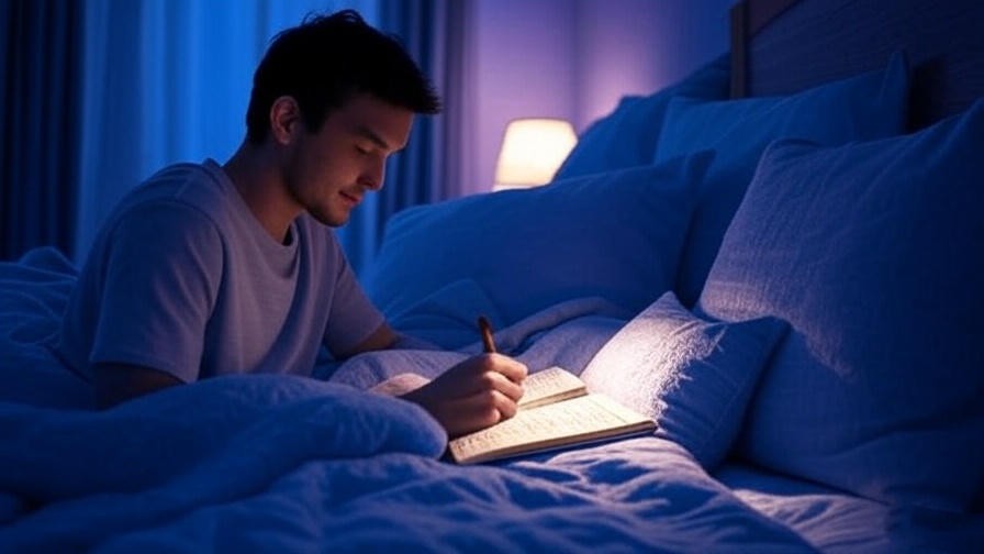 Person writing in a dream journal on a bedside table in a serene bedroom at night.
