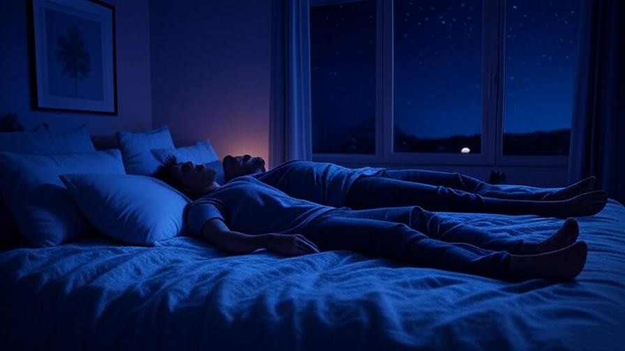 Person practicing progressive muscle relaxation in a serene bedroom for restful sleep meditation.