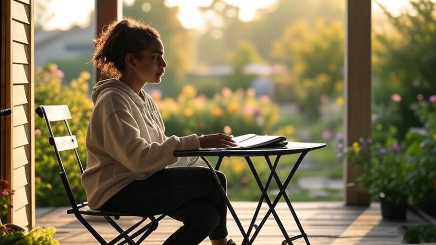 Person journaling after meditation on a porch overlooking a peaceful garden.