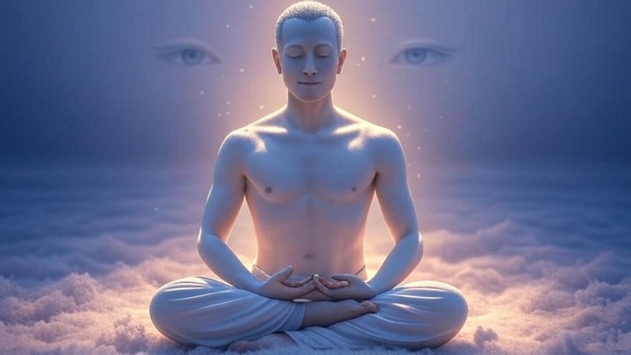 Serene meditator with glowing ethereal eyes symbolizing spiritual significance in meditation. 