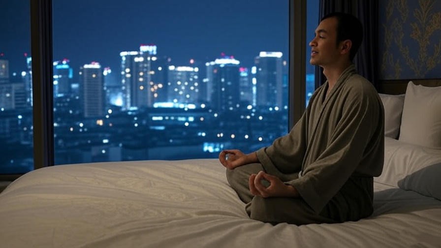 Person meditating on bed with nighttime cityscape view for travel sleep