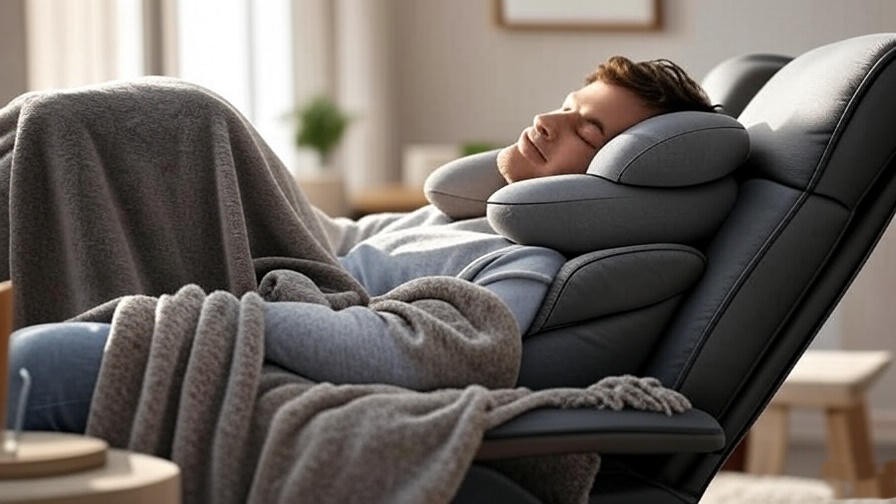 Person sleeping comfortably in a recliner with neck pillow and lumbar cushion for ergonomic support