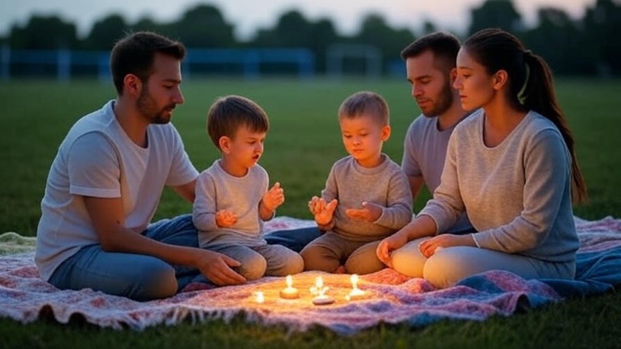 Family meditating with candlelight on blankets near Big League Dreams Manteca.