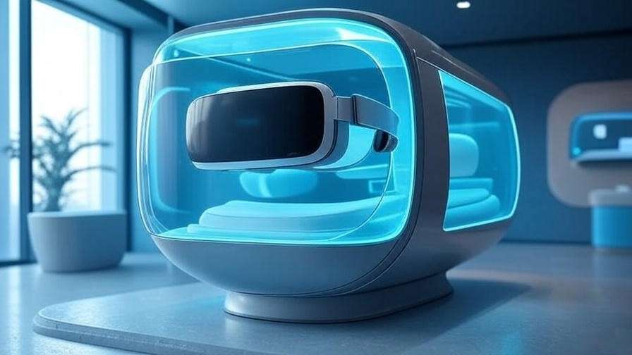 Futuristic float tank with virtual reality in a high-tech wellness facility for floating meditation innovation.