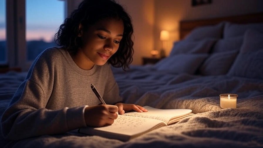 Person writing in a gratitude journal with glowing lights in a cozy bedroom at dusk