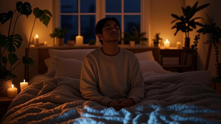Person practicing 4-7-8 breathing exercise in a serene bedroom with candles and plants for relaxation.