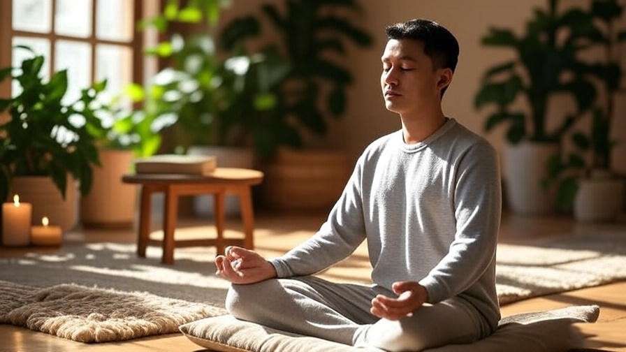 Serene meditation space with person meditating, candles, plants, and a TM meditation book on a wooden table