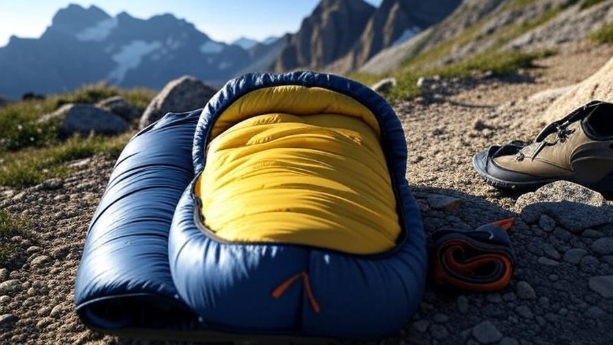 Lightweight Big Agnes sleeping bag packed with hiking gear on a mountain trail.