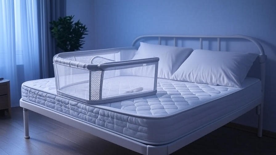  Safe co-sleeper bassinet next to a parental bed in a calm blue bedroom, promoting safe sleep for families.
