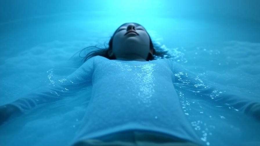 Serene float tank with person floating in Epsom salt water under soft blue lighting for floating meditation.