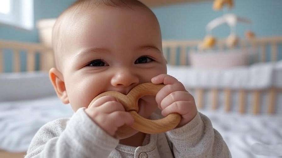 Baby chewing a chilled teething ring in a cozy nursery during teething phase
