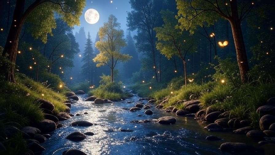 Dreamy forest stream under moonlight for guided visualization in dream meditation.