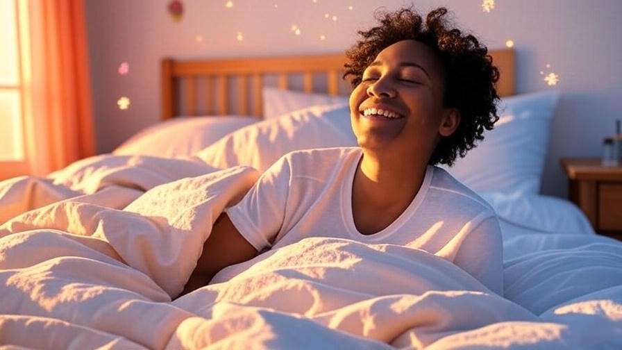 Refreshed person waking up with symbols of happiness and spiritual peace.