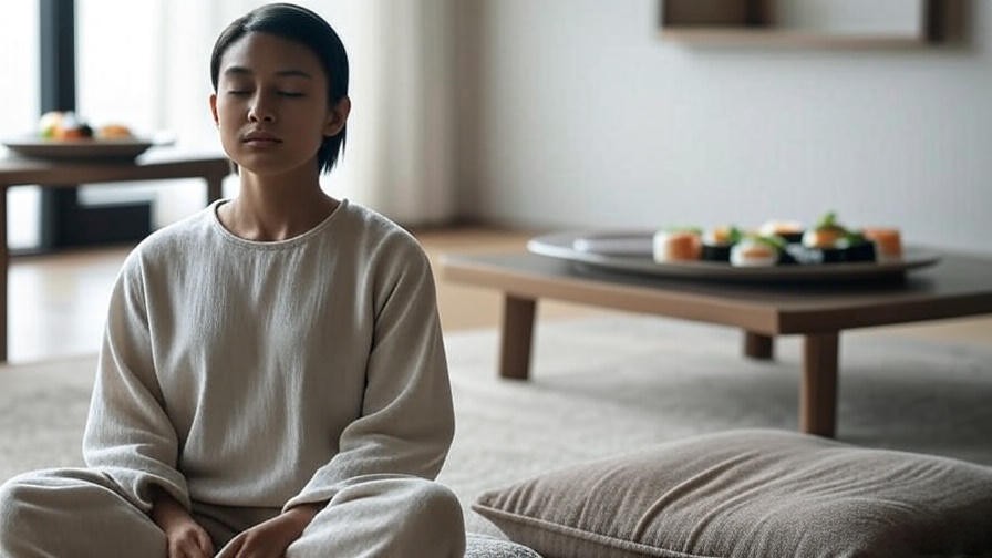 Person meditating peacefully before a sushi happy hour with a plate in the background