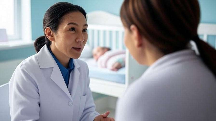 Pediatrician consulting parent with sleeping baby in background