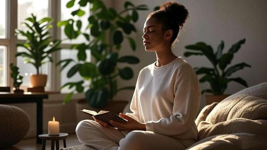 Person meditating indoors with journal and candle in soft morning light.