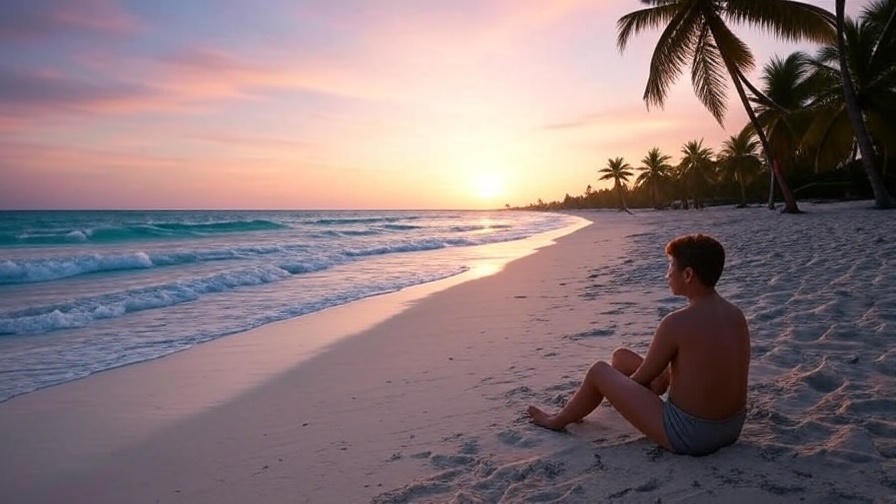 Peaceful Jamaican beach at dawn with a calm person