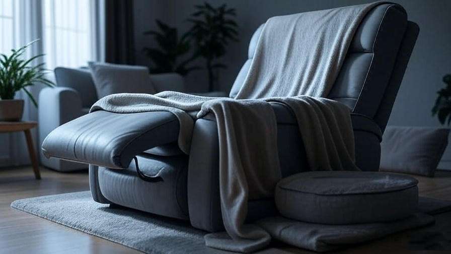 Recliner sleeper chair with massage feature and blanket for relaxation in a serene living room