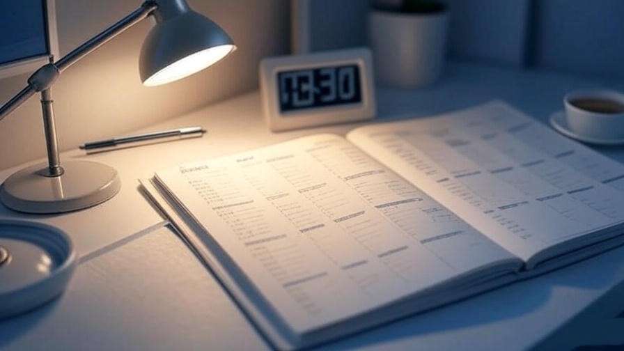 Desk with clock and planner for consistent, calm, calmful sleep schedule.
