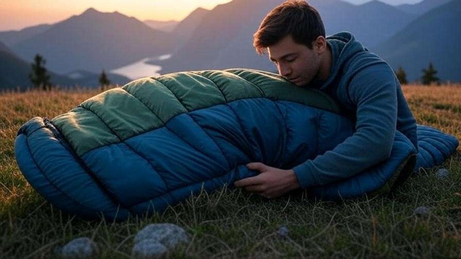 Down sleeping bag with restored loft being fluffed by hand on a grassy hill for camping comfort.