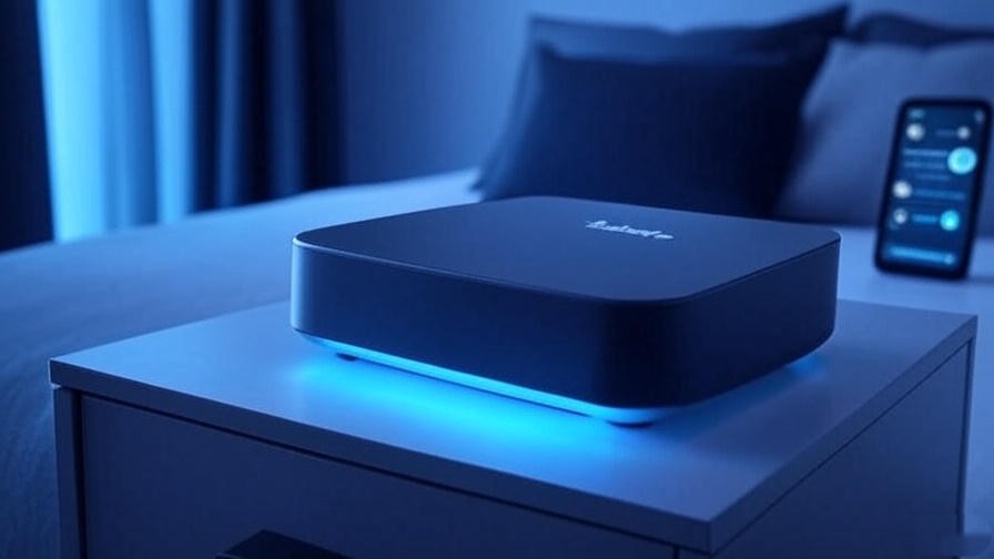 Medit Scanner device on nightstand with smartphone showing sleep tracking interface
