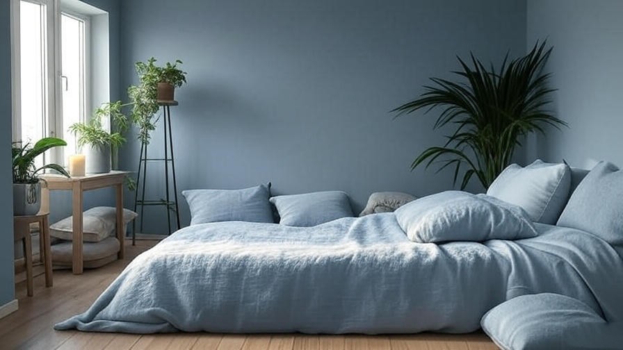 Meditation corner with Sherwin Williams Meditative accent wall, cushion, candle, and indoor plants.