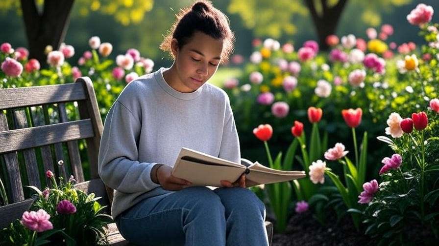 Person journaling outdoors on a bench in a blooming garden.
