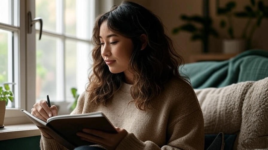 Person journaling by a window with notebook and pen in a peaceful setting.