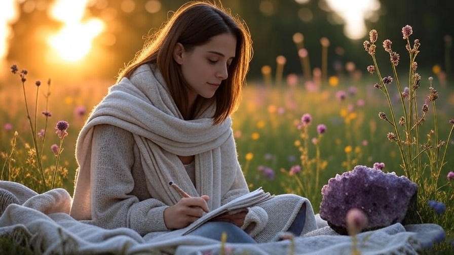 Person journaling outdoors with amethyst crystal beside wildflowers at sunrise. 