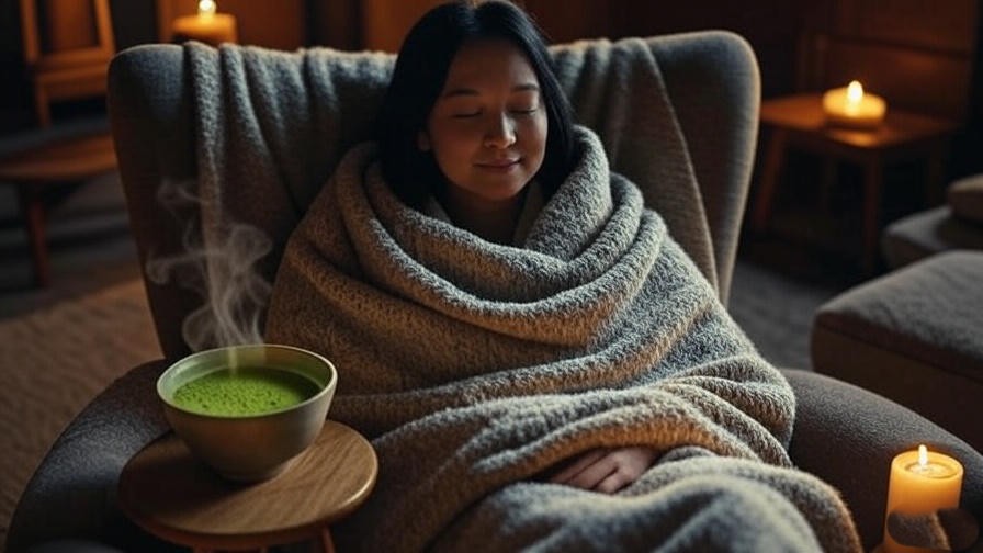 Person journaling after matcha tea meditation with candles and cozy blanket