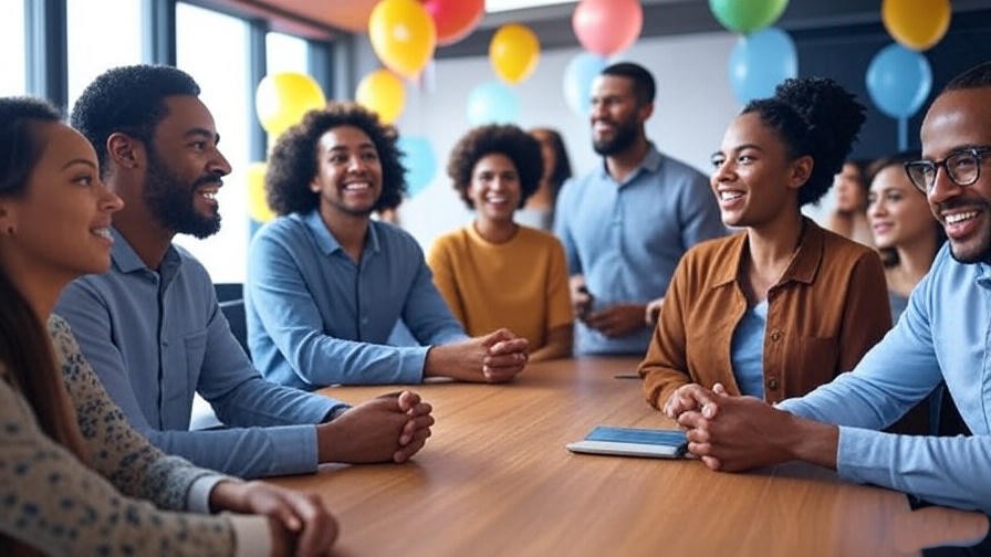Diverse coworkers smiling in a vibrant office with balloons, celebrating a birthday to boost workplace happiness. 
