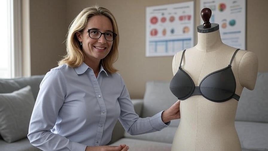 Sleep expert demonstrating sleep bra support on mannequin with research charts.