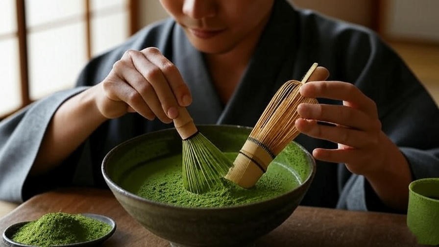 Person whisking ceremonial matcha in a bowl with bamboo whisk for meditation