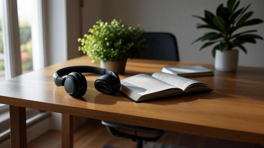 Serene workspace with headphones and journal for meditation productivity.